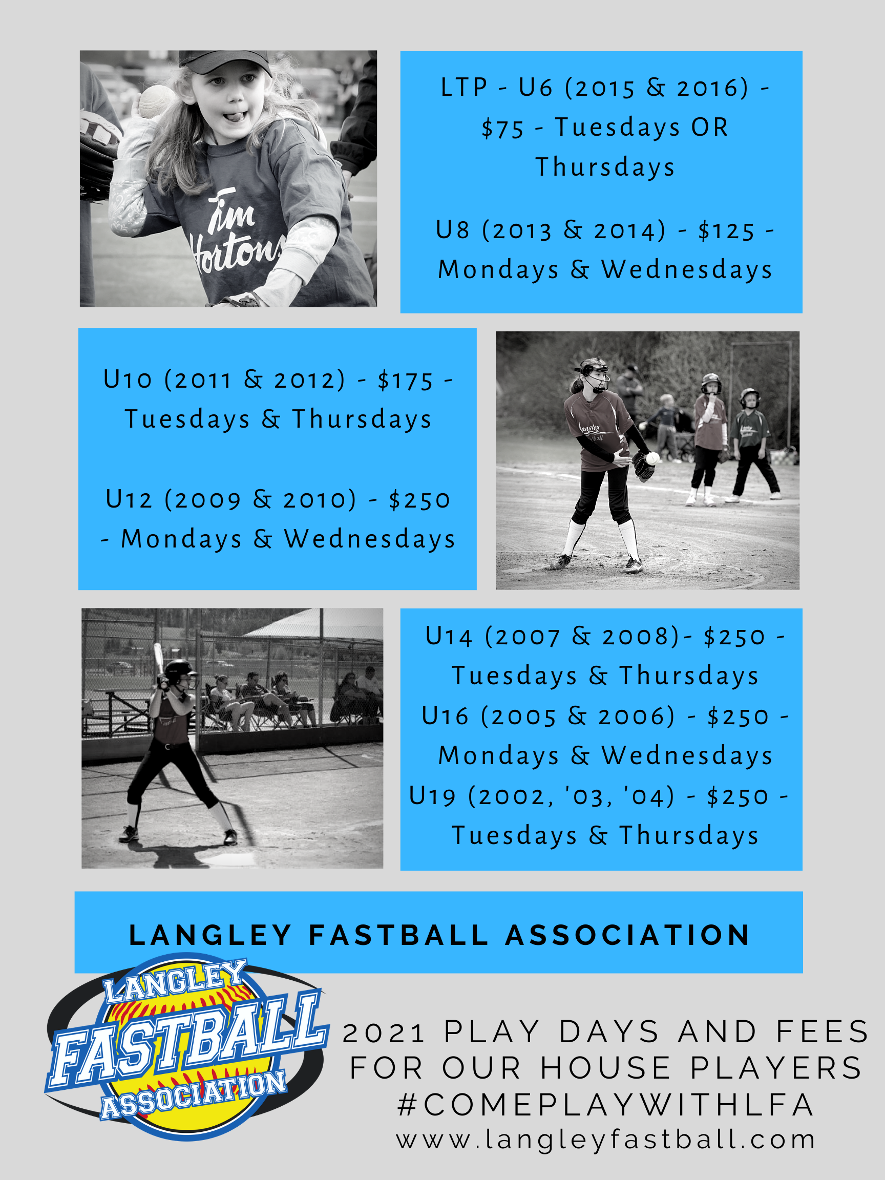 P - U6 (Learn to Play) - $125 - Tuesdays & ThursdaysU8 - Mini-Mite - $125 - Mondays & WednesdaysU10 - Mite - $175 - Tuesdays & ThursdaysU12 & U16 - $250 - Mondays & WednesdaysU14 & U19 - $250 - Tuesdays & Thurs (9) P - U6 (Learn to Play) - $125 - Tuesdays & ThursdaysU8 - Mini-Mite - $125 - Mondays & WednesdaysU10 - Mite - $175 - Tuesdays & ThursdaysU12 & U16 - $250 - Mondays & WednesdaysU14 & U19 - $250 - Tuesdays & Thurs (9)